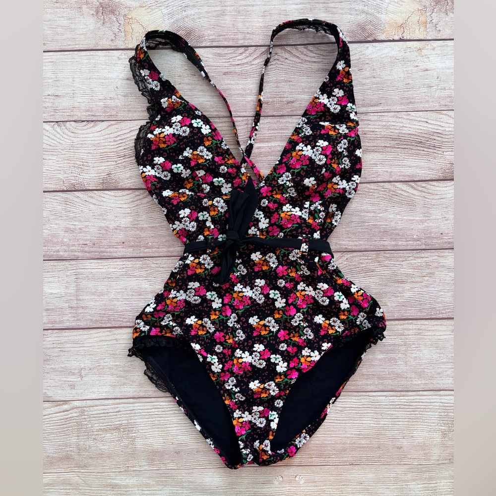 SKINNYDIPPERS Floral One-Piece Swimsuit - Black with Pink & Orange Flowers